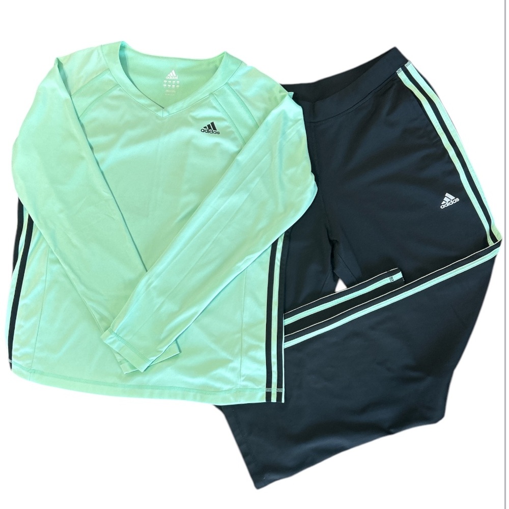 Adidas Women’s Track Mint/Black V-Neck Long Sleeve and Pant Set (L Top/ M Pant)